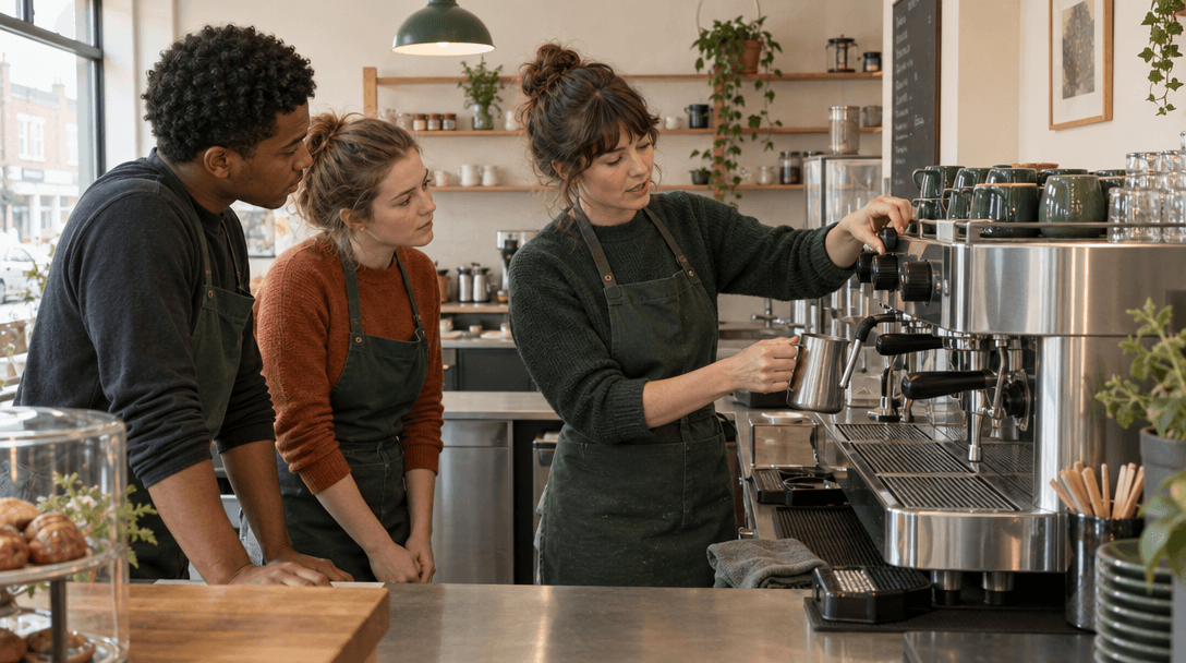 A barista training cafe staff behind a commercial espresso machine